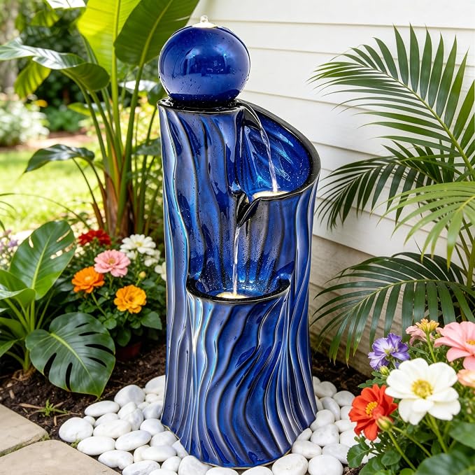 32" H Ceramic Outdoor Water Fountain with LED Lights, 3-Tier Cascading Sphere Water Feature, Tranquil Waterfall for Relaxing Garden, Patio, Yard, or Porch, Cobalt Blue, Dynamic Wave-Texture