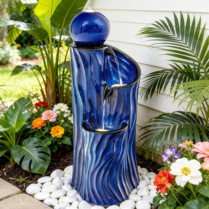 32" H Ceramic Outdoor Water Fountain with LED Lights, 3-Tier Cascading Sphere Water Feature, Tranquil Waterfall for Relaxing Garden, Patio, Yard, or Porch, Cobalt Blue, Dynamic Wave-Texture