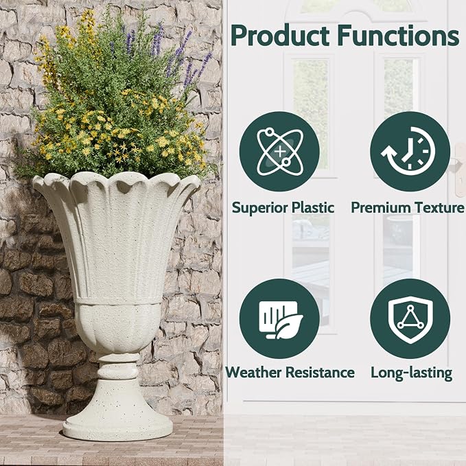 23.6" Tall Plastic Urn Planters for Outdoor Plants, Set of 2 Heavy-Duty Classic Indoor Large Flower Pots with Drainage Holes & Petal Design, Outdoor Planters for Porch, Home Garden, White