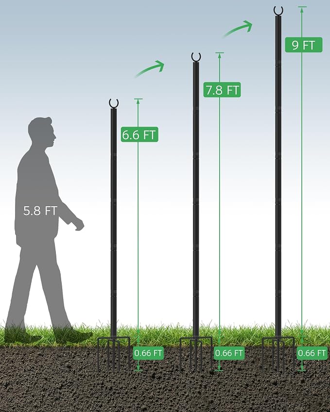 LAND·VOI Outdoor String Light Poles 2 Pack, Heavy Duty String Light Poles for Outside with 5-Prong Base & Adjustable Height, Perfect for Backyard, Patio, Garden, Fence and Party Decor