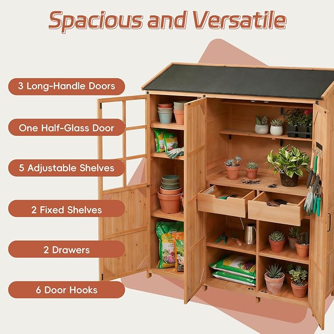 Merax Outdoor Wood Large Patio Garden Storage Shed with Waterproof Roof, 3 Doors Storage Cabinet with Workstation, 7 Storage Shelves, 2 Drawers and 6 Hooks for Backyard, Natural