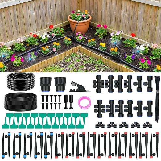 100FT Drip Irrigation Kit with 30 Emitters, 3 Spray Types, Push-Fit System | Quick-connect fittings for easy installation, supports multiple spray patterns for flexible home garden watering