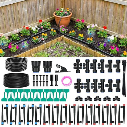 100FT Drip Irrigation Kit with 30 Emitters, 3 Spray Types, Push-Fit System | Quick-connect fittings for easy installation, supports multiple spray patterns for flexible home garden watering