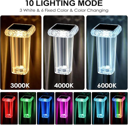 DenicMic Solar Pathway Lights Outdoor Waterproof 4 Pack 10 Lighting Mode | 3000K/4000K/6000K Fix Color Changing LED Acrylic Stainless Steel Crystal Style Star Pattern Yard Garden Landscape Path Lights