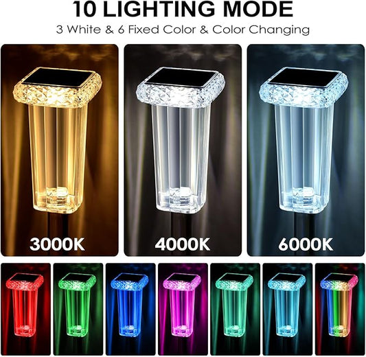 DenicMic Solar Pathway Lights Outdoor Waterproof 4 Pack 10 Lighting Mode | 3000K/4000K/6000K Fix Color Changing LED Acrylic Stainless Steel Crystal Style Star Pattern Yard Garden Landscape Path Lights