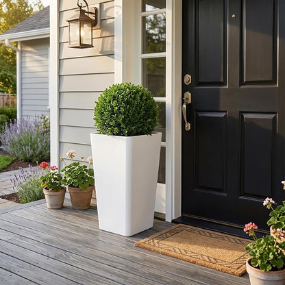KOL Planters for Outdoor Plants, 20 Inch Tall White Flower Pots 2 Pack, Large Plastic Plant Pots with Drainage Hole and Dual-Purpose Tray, Decorative Indoor Planter for Front Porch Patio Garden