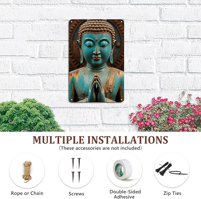 Buddha Statue tin sign Vintage Zen Buddhist Metal Sign Print Aesthetic for Garden Yard Bar Porch Home Bedroom Kitchen Wall Art Decor Gift 8 x 12 inch