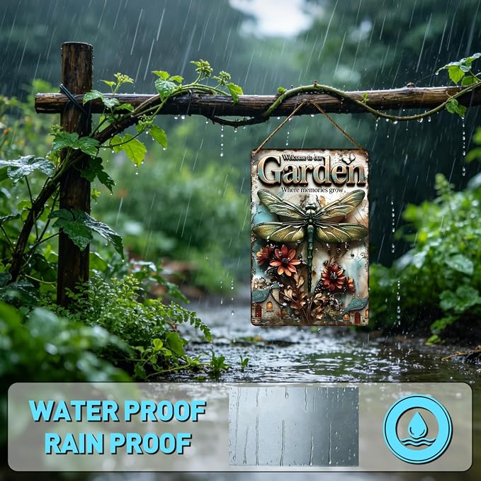 Funny Garden Metal Signs, Vintage Outdoor Wall Decor 8x12 Inch | Welcome to Our Garden Where Memories Grow, Weatherproof Aluminum Sign for Patio Yard Greenhouse, Gift For Gardeners