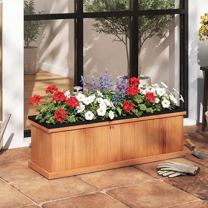 Giantex Outdoor Raised Garden Bed, 28” x 10” x 10” Pine Wood Planter Box with 3 Drainage Holes, Removable Bottom & Bed Liner, Rectangular Flower Container for Vegetables, Herbs, Indoor & Outdoor