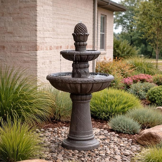 Teamson Home Deluxe Pineapple Pedestal 2 Tiered Floor Waterfall Fountain with Pump for Outdoor Patio Garden Backyard Decking, 39 Inch Height, Iron Gray | Waterfall Fountain with Pump, Garden Patio Yard Décor, Durable Polyresin, Weatherproof, Iron Gray
