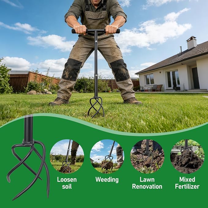 BeBecome Hand Tiller for Gardening, Manual Garden Claw Cultivator with 4 Sharp Curved Steel Tines, Twist Tiller Soil Loosener, Rotary Handheld Tiller for Yard Lawn Weeding