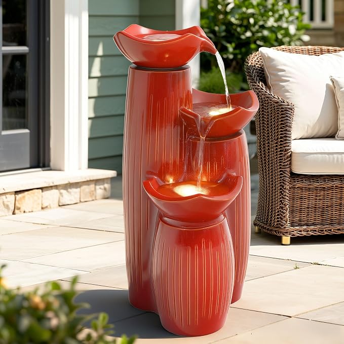 30" H Ceramic Outdoor Water Fountain with LED Lights, 3-Tier Cascading Lotus Bowls Water Feature, Tranquil Waterfall for Relaxing Garden, Patio, Yard, Terracotta Red, Vertical Striped Texture