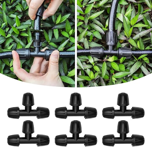 MIXC 1/2 Inch Drip Irrigation Fittings Barbed Tee 6 Pack | 3 Way Tee Branching, Leak-Resistant, Twist-Lock Design, Abs Outdoor Durability, for Patio Irrigation System