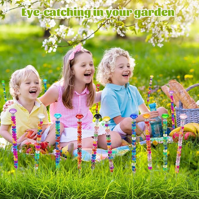230 Pcs Beaded Garden Stakes, 12 IN Fairy Wand Garden Stake Beads Kits | 200 Colorful Assortment Round Large Hole Beads, 10 Crystal Stopper Top, 10 Threaded Rod & 10 Nuts, Outdoor Decoration