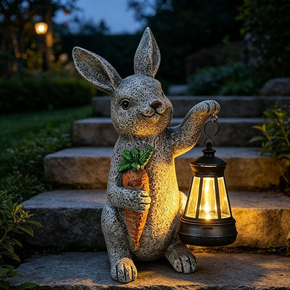 Garden Statues Rabbit Solar Lantern Outdoor Handmade Resin Statue Bunny with Cute Carrot for Patio, Yard, Mother's Day Gift Ideas