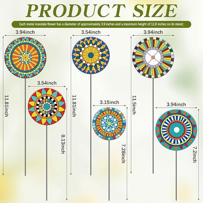 RattanView 6 Pcs Metal Flowers Garden Stake Decor for Outside 11.8 Inch Mandala Flowers Decorative Stakes Yard Decorations Outdoor Yard Art Garden Decorations for Lawn Porch Pathway Patio