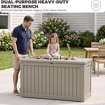 Outdoor Storage Box, 270 Gallon Waterproof Deck Box [Upgraded 3.1], Giant Resin Storage for Large Cushions, Heavy Duty Outside Lockable Bench Seat, Large Backyard Party, Grey
