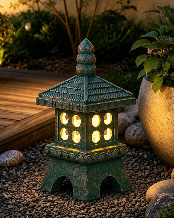 Nacome Solar Pagoda Garden Statues:15.7 inches Outdoor Weatherproof Resin Zen Decor for Landscape Balcony Patio Porch Yard Ornament(Bronze)