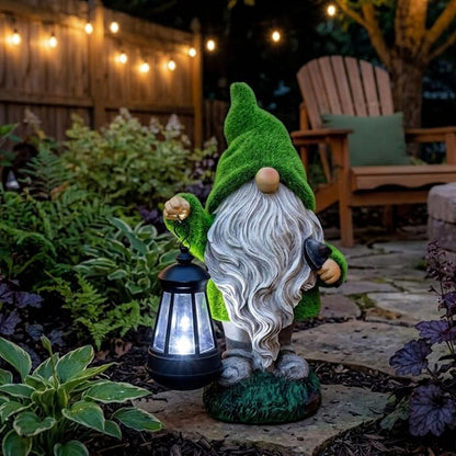 TERESA'S COLLECTIONS Christmas Outdoor Statue for Home, Resin Gnome Decorations with Solar Outdoor Lights for Garden Decor,Green Garden Sculptures & Statues for Front Patio Lawn, Gifts for Mom,8"