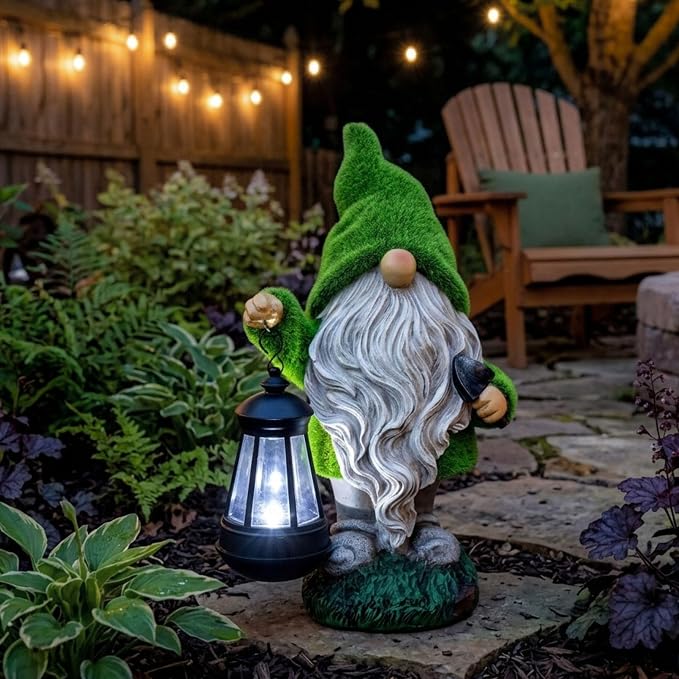 TERESA'S COLLECTIONS Christmas Outdoor Statue for Home, Resin Gnome Decorations with Solar Outdoor Lights for Garden Decor,Green Garden Sculptures & Statues for Front Patio Lawn, Gifts for Mom,12"
