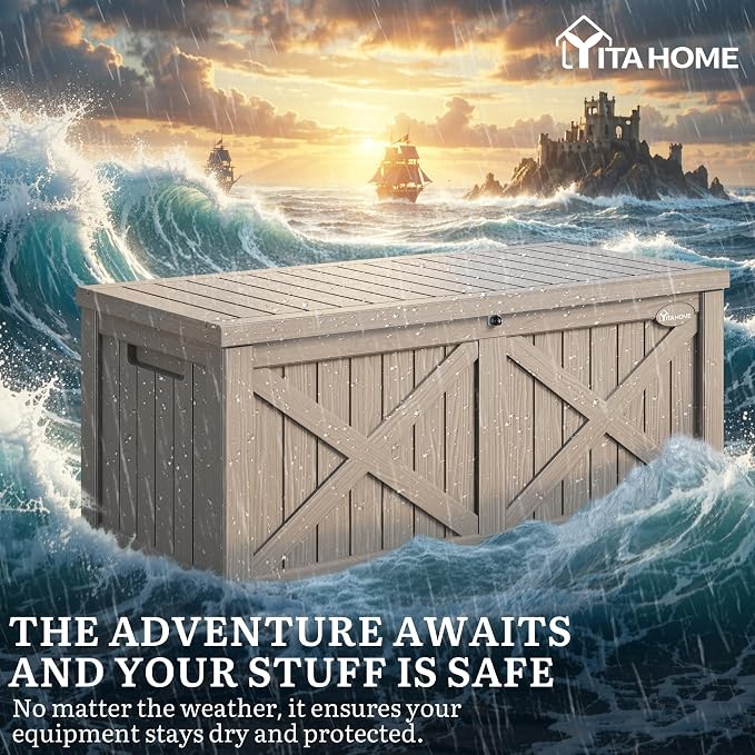 YITAHOME 150 Gallon Large Deck Box with X-Shaped Front | Resin Outdoor Storage Boxes, Waterproof Cushion Storage Bench for Patio, Pool Supplies, Garden Tools - Lockable, Taupe
