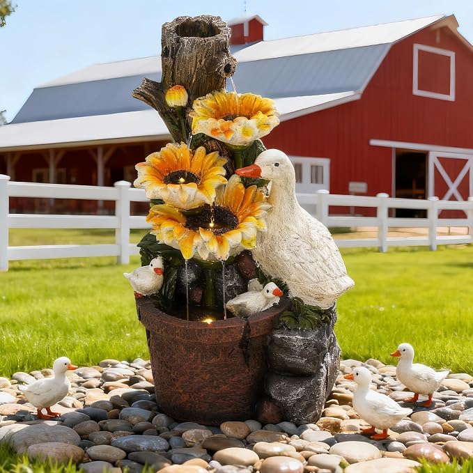 AUTODAYA 19" Sunflower & Duck Water Fountain Indoor Outdoor with LED Lights | 4-Tier Cascading Waterfalls, Rustic Decor for Garden, Yard, Patio, Flowerbed & Farmhouse