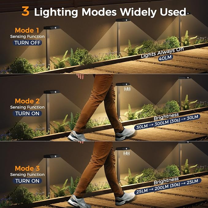 XMCOSY+ 8 Pack Solar Pathway Lights with Motion Sensor, 300LM Metal 3 Modes Solar Lights Outdoor for Garden, Backyard, Yard (Warm/Cool White)