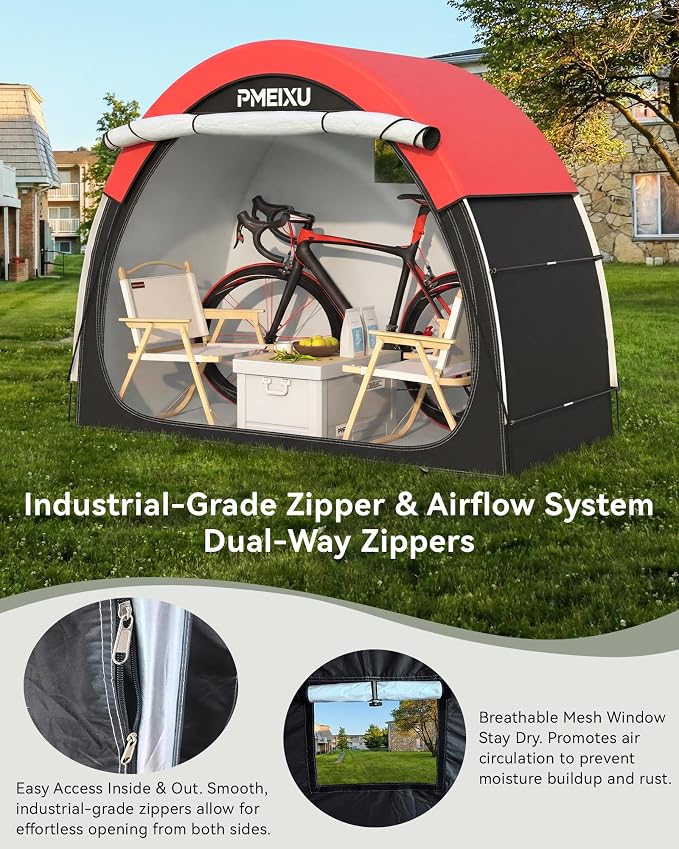Upgraded Bike Storage Shed Tent, 210D Oxford Fabric PU4000 Waterproof Bicycle Shed, 53" High-Clearance Outdoor Shelter for 2-3 Bikes, Portable Storage for Motorcycles Garden Tools