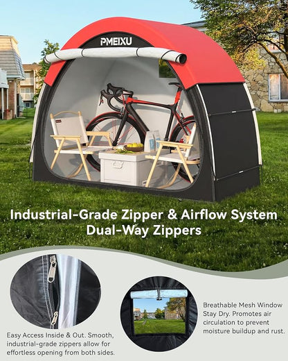Upgraded Bike Storage Shed Tent, 210D Oxford Fabric PU4000 Waterproof Bicycle Shed, 53" High-Clearance Outdoor Shelter for 2-3 Bikes, Portable Storage for Motorcycles Garden Tools