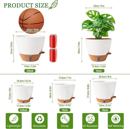 Self Watering Pots for Inoor Ourdoor Plants 10/9/8/7/6.5 Inch Plastic Planters with Drainage Holes & Water Level Indicator, Decorative House Flower Nursery Planting Pots with Saucers (White)