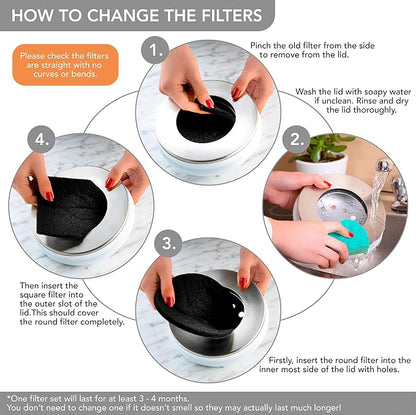 RED FACTOR Premium Compost Bin for Kitchen Countertop - Stainless Steel Food Waste Bucket with Innovative Dual Filter Technology - Includes Spare Filters (White, 1.3 Gallon)