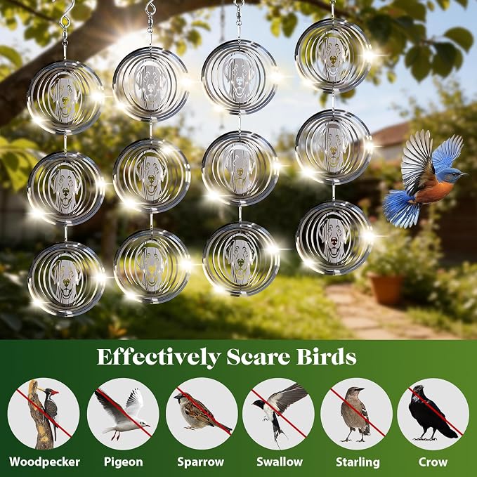CHONOVO Bird Deterrents for Outside, 12 Discs 4 Set Reflective Dog Wind Spinners, 3D Bird Scare Devices to Keep Woodpecker Pigeon Away, Outdoor Hanging Bird Reflectors for Patio, Roof, Garden, Yard