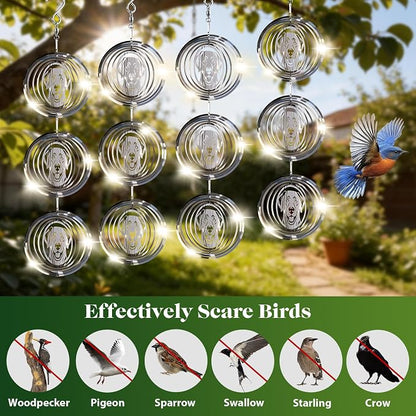 CHONOVO Bird Deterrents for Outside, 12 Discs 4 Set Reflective Dog Wind Spinners, 3D Bird Scare Devices to Keep Woodpecker Pigeon Away, Outdoor Hanging Bird Reflectors for Patio, Roof, Garden, Yard