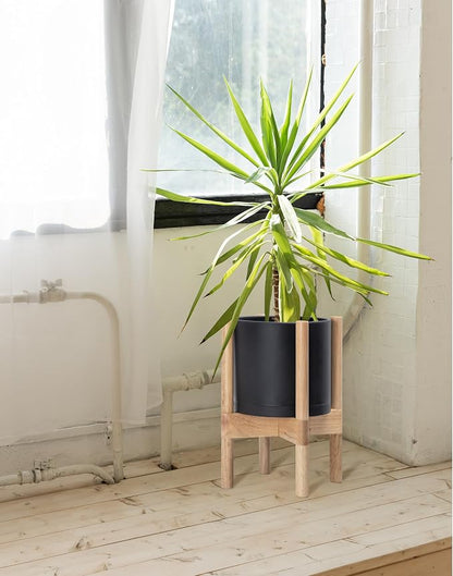 D'vine Dev Plastic Pot with Natural Wood Stand, Black, 8 in, 55-C-J-2 | Mid-Century Inspired Design, Elevated Plant Display, Clean Lines, Sturdy Support, Modern Space-Saving Style