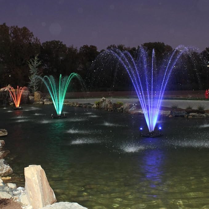 Half Off Ponds 1.5 HP Floating Fountain & Aerator | 12,500 GPH output, 11 spray patterns, Color-changing LED lights, 100 ft cord, Energy-efficient design