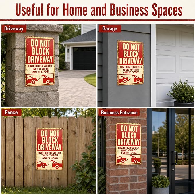 Do Not Block Driveway Tin Sign, 12 x 8 Inch Unauthorized Vehicles Aluminum Metal Wall Decor, Vintage Towing-Style Notice for Garage, Gate, Fence