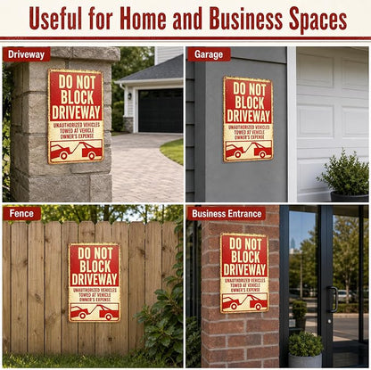 Do Not Block Driveway Tin Sign, 12 x 8 Inch Unauthorized Vehicles Aluminum Metal Wall Decor, Vintage Towing-Style Notice for Garage, Gate, Fence