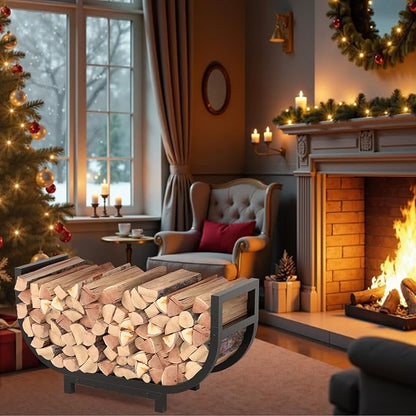 34-inch Firewood Rack Outdoor Indoor with Log Carrier Bag, Stable Log Holder Rustproof Metal Wood Rack for Fireplace Patio Deck Firepit, Heavy Duty Firewood Storage Organizer Tool, Black