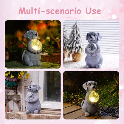 Dog Garden Statues - 8.4 Dog Decor with Gazing Ball LED Lights, Unique Gifts for Mom Grandma Birthdays, Outdoor Decor for Outside Lawn Porch Patio (Gray)