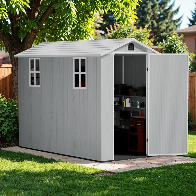 Greesum 4x8FT Plastic Storage Shed with Floor, Resin Outdoor Storaged Sheds with Lockable Door, All Weather Tool Shed with Window and Vent, Easy Assembly for Yard, Patio, Garden, Light Gray