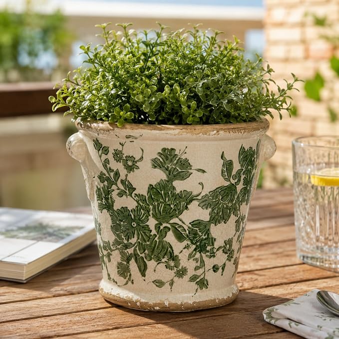 Dosayes Vintage Ceramic Flower Pot with Drainage Holes and Handle,Ice Crack Country Rustic Planters for Indoor Outdoor,Tuscan Decor,Home and Garden Decor,Gardening Present (Green)