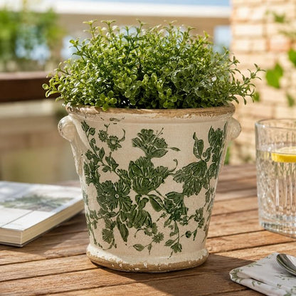 Dosayes Vintage Ceramic Flower Pot with Drainage Holes and Handle,Ice Crack Country Rustic Planters for Indoor Outdoor,Tuscan Decor,Home and Garden Decor,Gardening Present (Green)