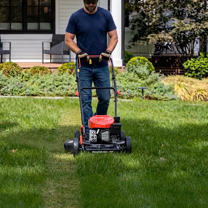 PowerSmart 18-inch 144cc Gas Lawn Mower, Push Mower with Side-Discharge | 144cc 4-stroke OHV engine, 5-Position Height Adjustment