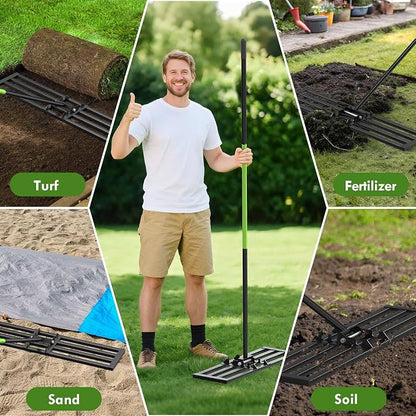 Seeutek Lawn Leveling Rake, 45" x 10" Heavy Duty Ground Leveler | with 0-180° Adjustable Handle, 6.5FT Steel Handle Lawn Leveler for Yard Garden Golf, Ease Level Soil Sand Dirt Surface