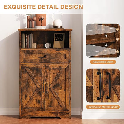 Floor Cabinet, Farmhouse Storage Cabinet with Barn Doors and Drawer, 11.81" D x 23.62" W x 39.37" H Rustic Brown Freestanding Adjustable Shelf Organizer for Bathroom, Kitchen, Living Room