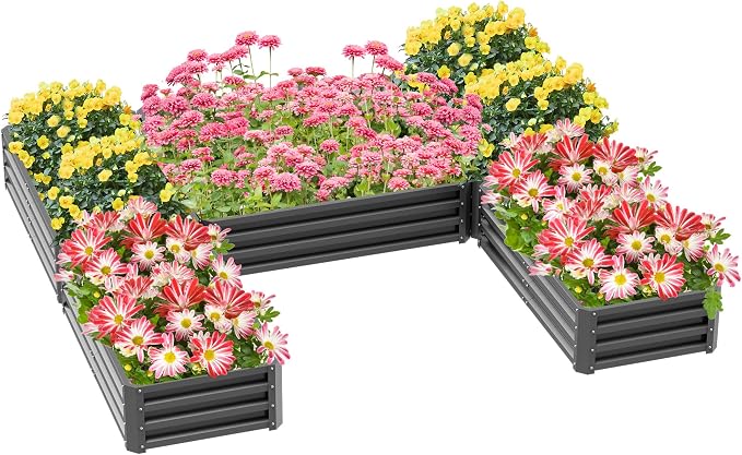 Outsunny 8 x 8ft DIY Raised Garden Bed, Large Galvanized Steel Planter Box with 5 Compartments, for Outdoor Plants, Vegetables, Flowers, Herbs, Easy Assembly, Gray