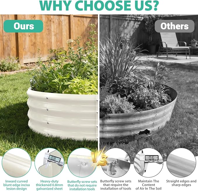12 Inch Tall 36 Inch Diameter Round White Raised Garden Bed Kits Outdoor | 1 FT Tall,3 FT Planter Bed for Flowers,Herbs,Vegetables,Trees,0.8MM Thick Galvanized Metal Painted,with Gloves,Tool free
