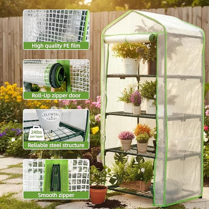Mini Greenhouse for Indoor Outdoor, Small Plants Green House with 4 Tier Shelves, Portable Plastic Greenhouses with Durable PE Cover for Garden Backyard Patio Balcony Porch (White)