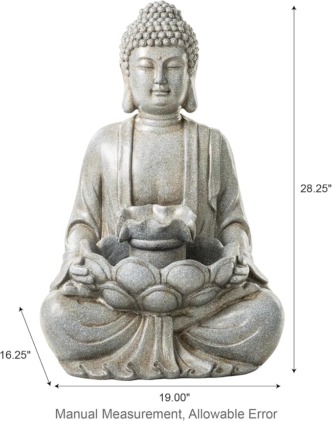 Glitzhome 28.25" Zen Buddha Fountain, Large Outdoor Water Fountain with LED Light, Polyresin Stone Powder Concrete Finish Meditating Buddha Statue for Garden Patio Yard Deck, 4 Warm LED Lights