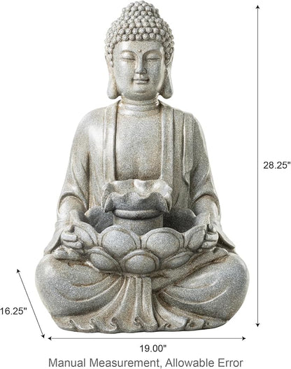 Glitzhome 28.25" Zen Buddha Fountain, Large Outdoor Water Fountain with LED Light, Polyresin Stone Powder Concrete Finish Meditating Buddha Statue for Garden Patio Yard Deck, 4 Warm LED Lights